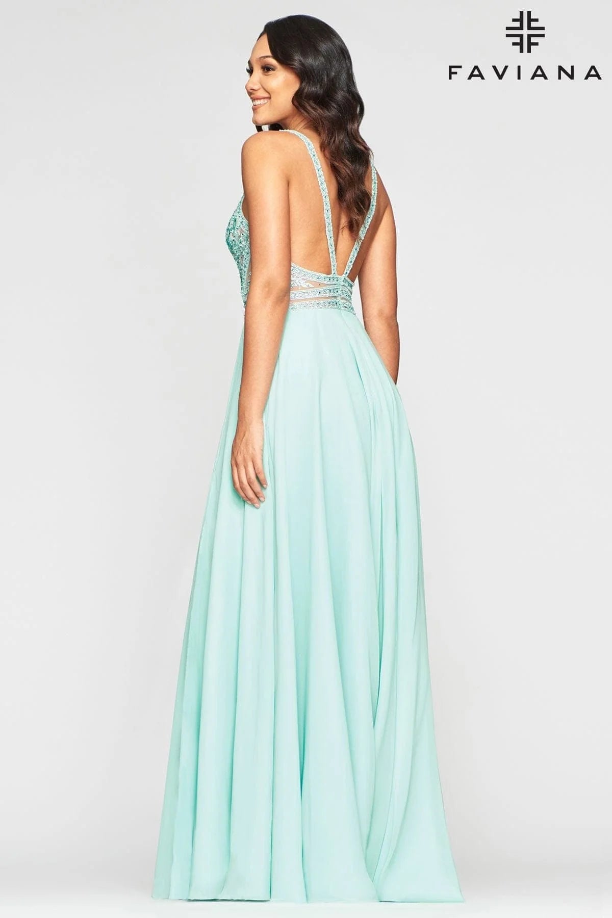 V Neckline Prom Dress With Chiffon Skirt And Mesh Paneling