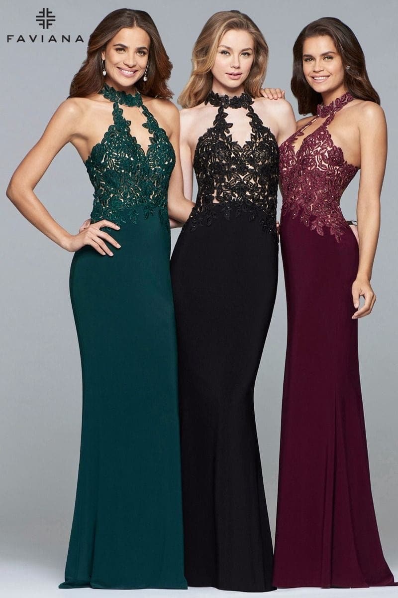 Jersey Halter Evening Dress With Lace Applique Bodice And Choker