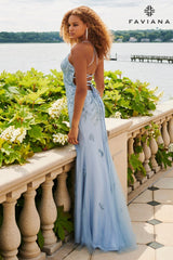 Steel Blue Lace And Beading V-Neck Long Dress With Lace Up Back | 11003