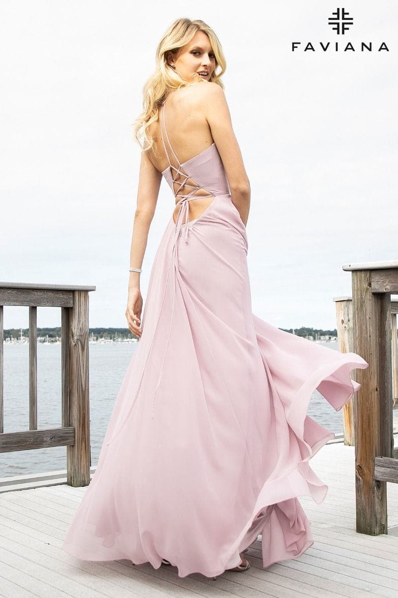 Chiffon V-Neck Evening Dress With Full Skirt And Lace-Up Back