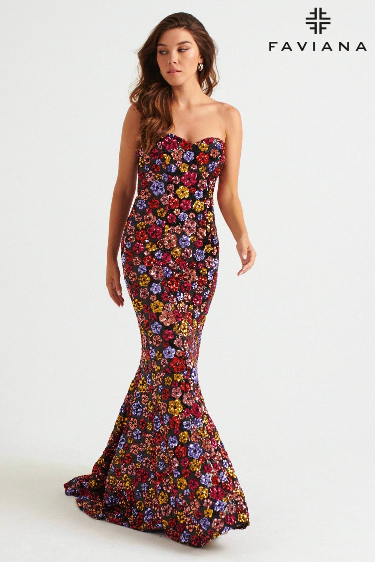 Black/Multi Strapless Sequin Mermaid Dress With Colorful Floral Design | 11036