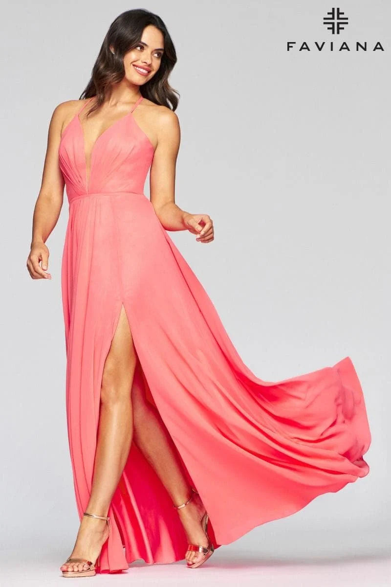 Chiffon V-Neck Evening Dress With Full Skirt And Lace-Up Back