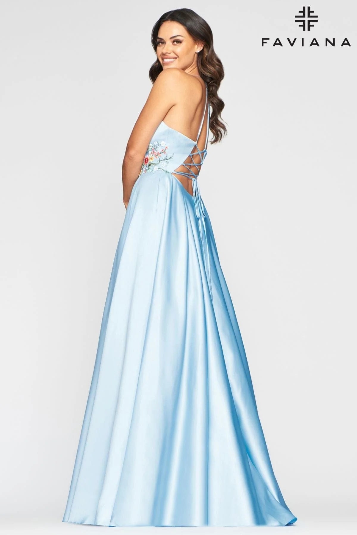 Long Satin Ball Gown With Floral Lace Embroidery