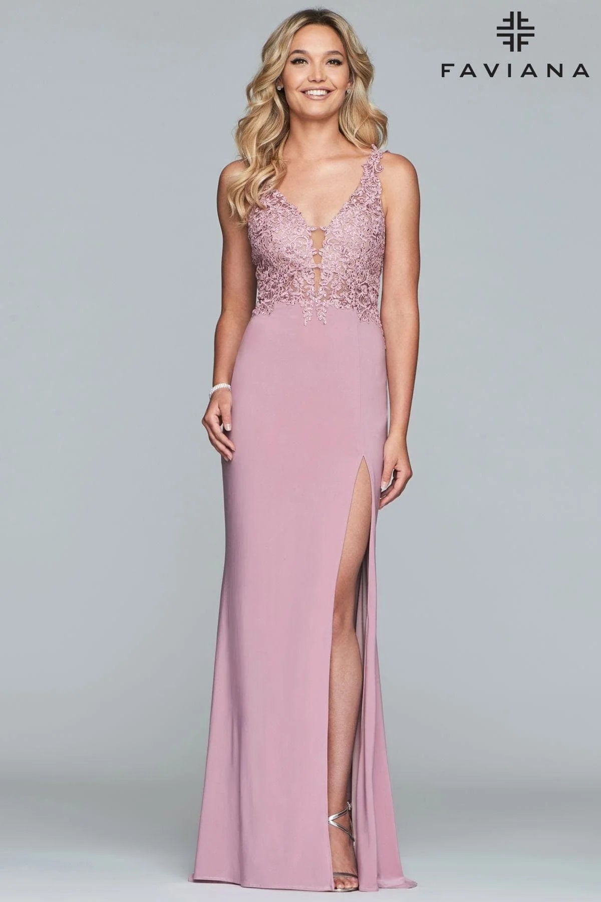 Long V Neck Dress With Applique Lace Bodice