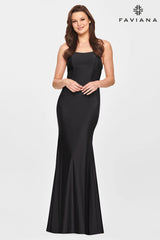 Scoop Neck Long Formal Dress With Ruching Detail On Lower Back