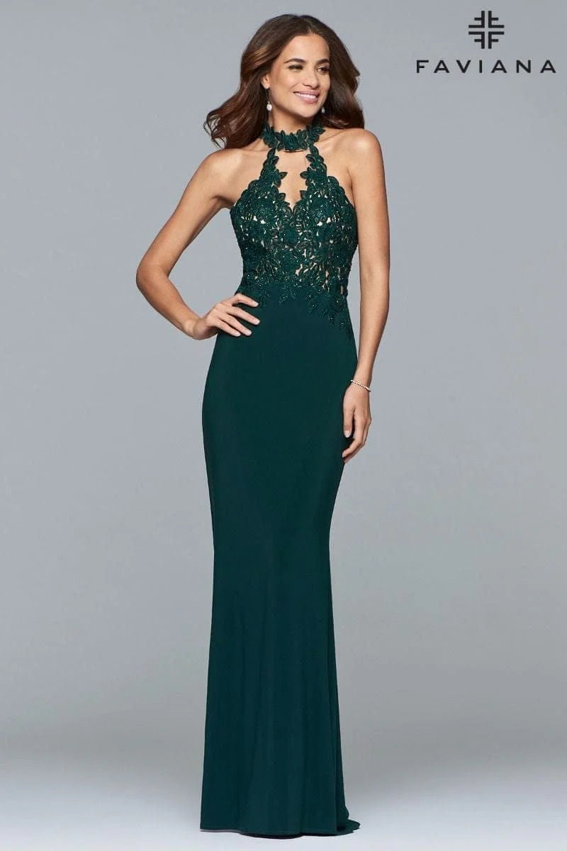 Jersey Halter Evening Dress With Lace Applique Bodice And Choker