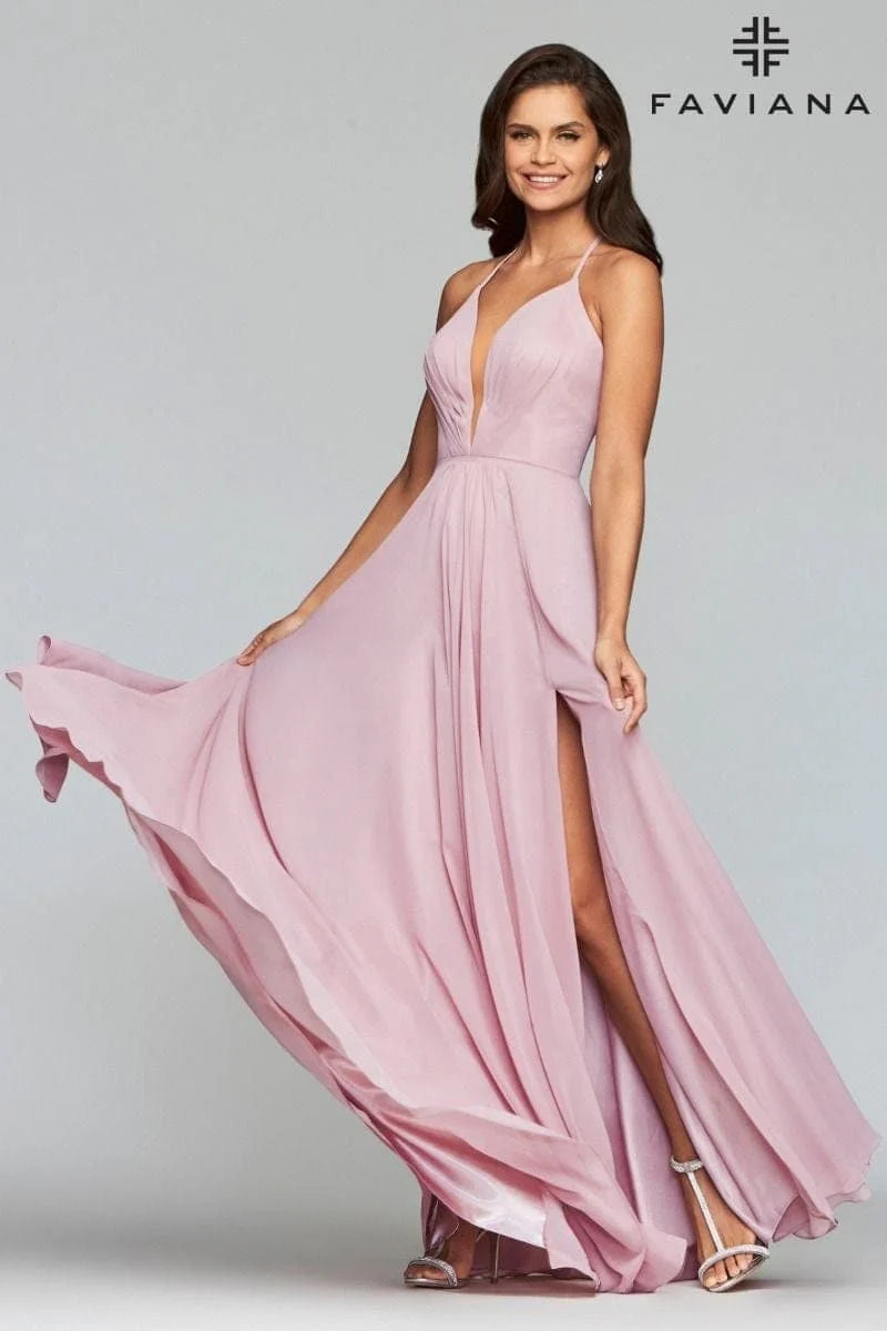 Chiffon V-Neck Evening Dress With Full Skirt And Lace-Up Back