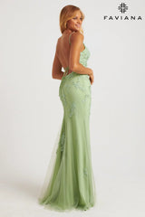 Sage Green Beaded Lace Long V Neck Dress With Open Back | S10633