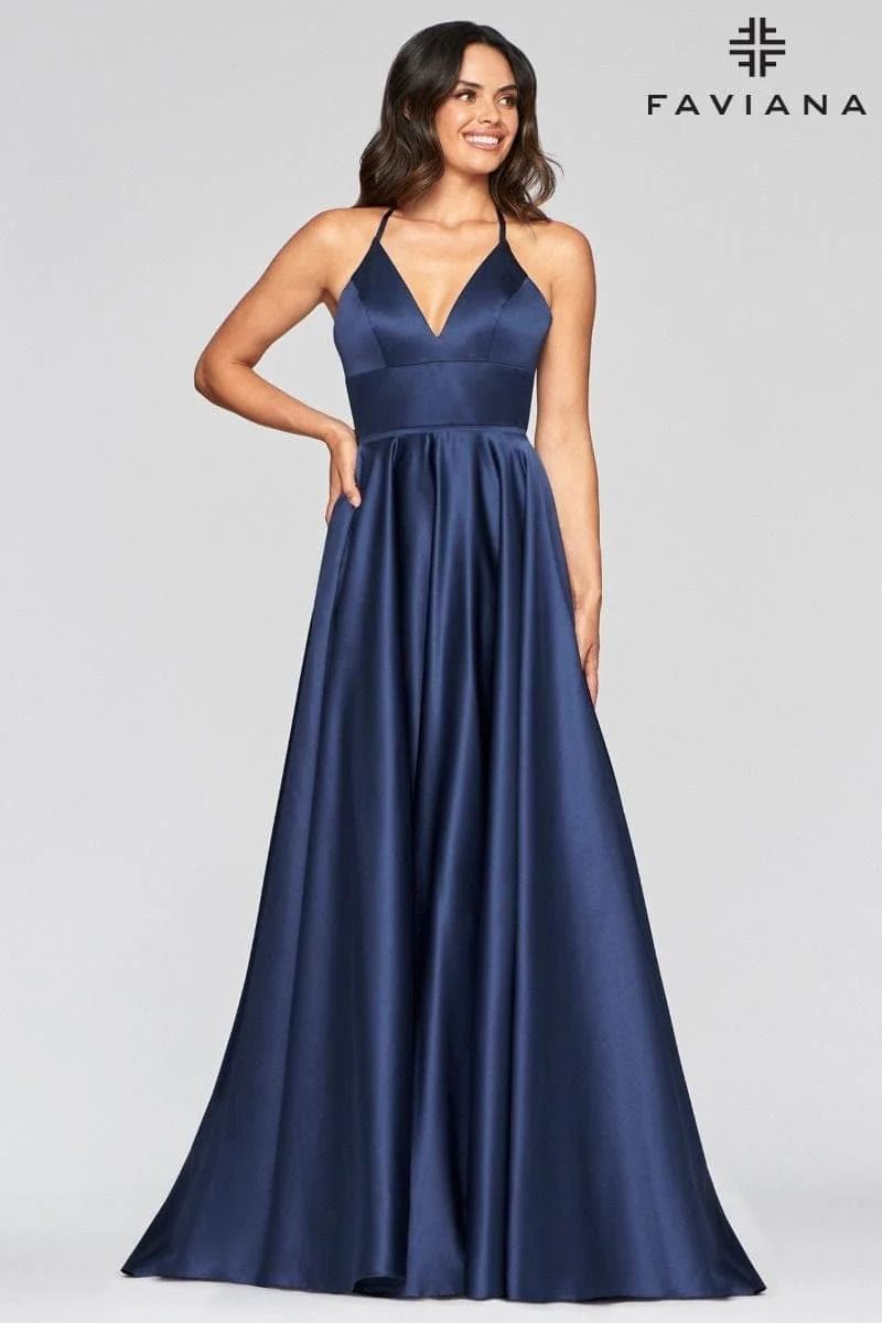 Satin Ballgown Dress With Lace Up Back And V Neck | S10252