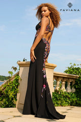 Long Jersey Dress With Sequin Floral Appliqué And Open Back | 11027