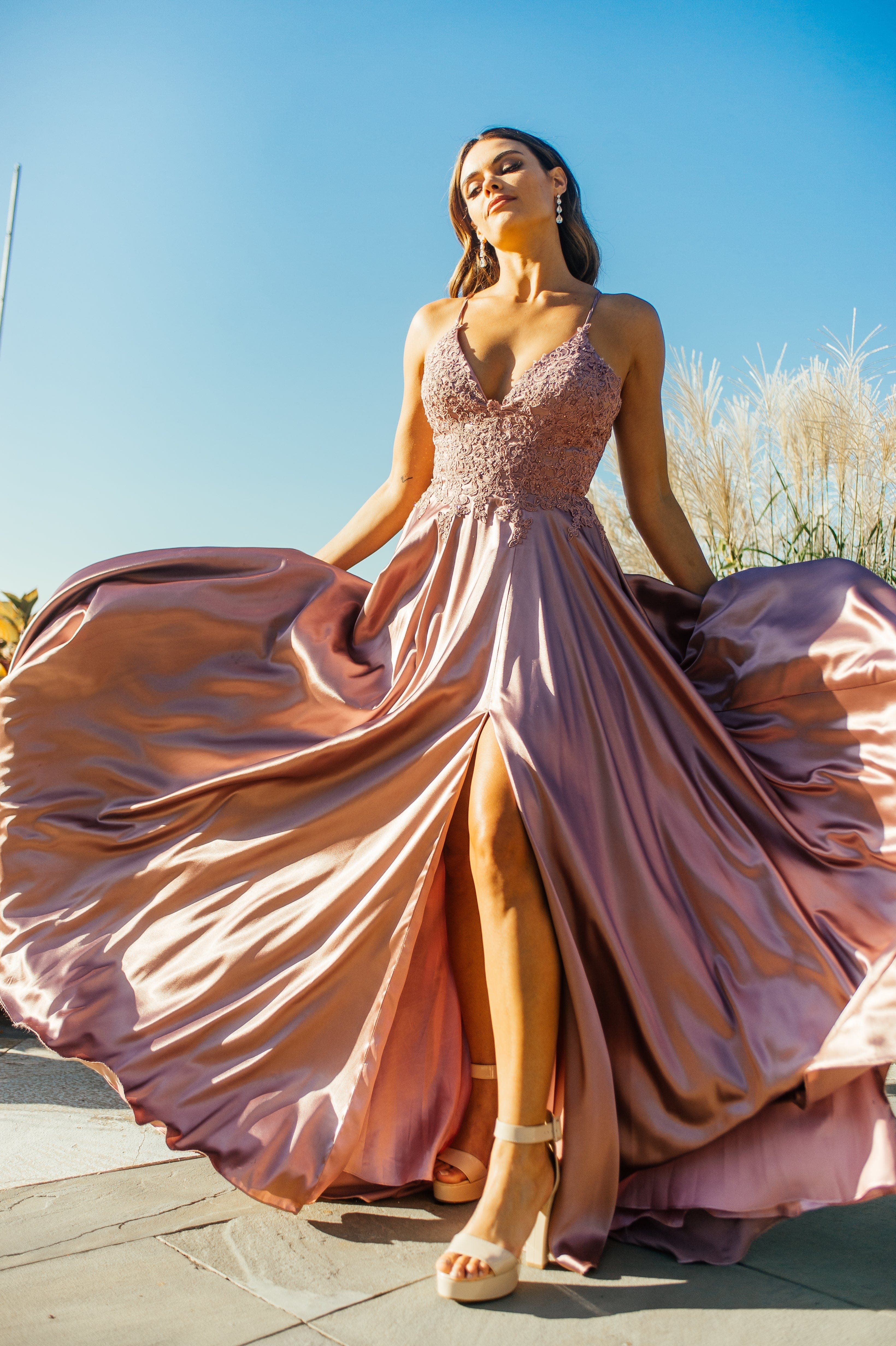 Long Flowy Prom Dress With Lace Bustier And Corset Back | S10400