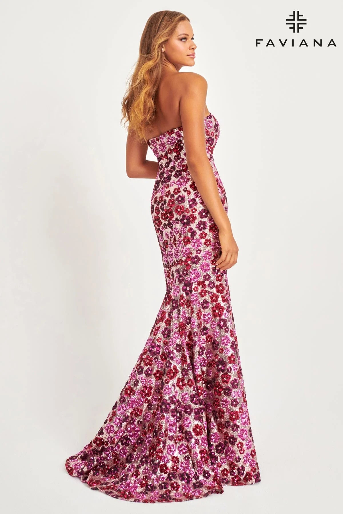 Strapless Sequin Mermaid Dress With Colorful Floral Design | 11036