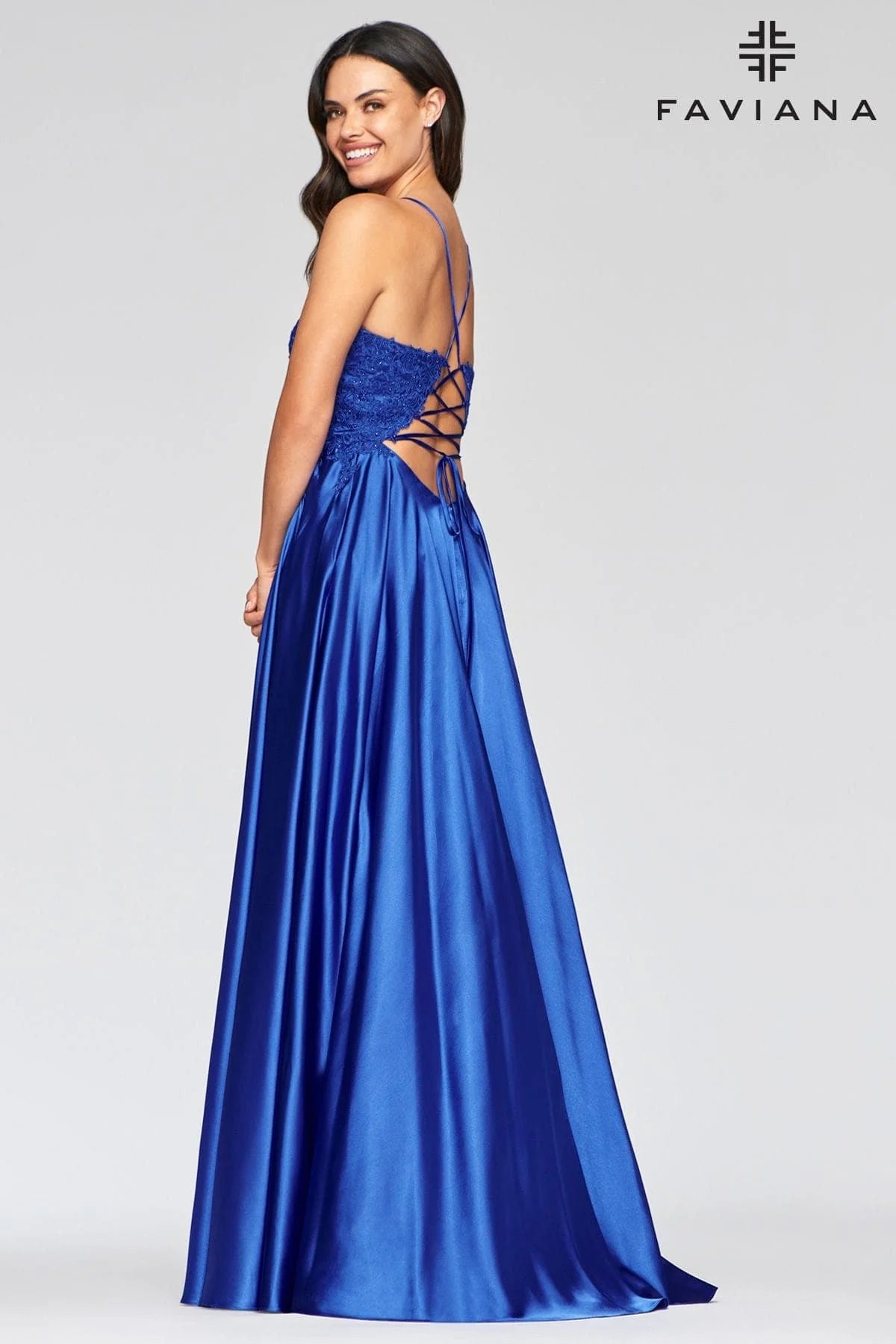 Royal Blue Long Flowy Prom Dress With Lace Bustier And Corset Back