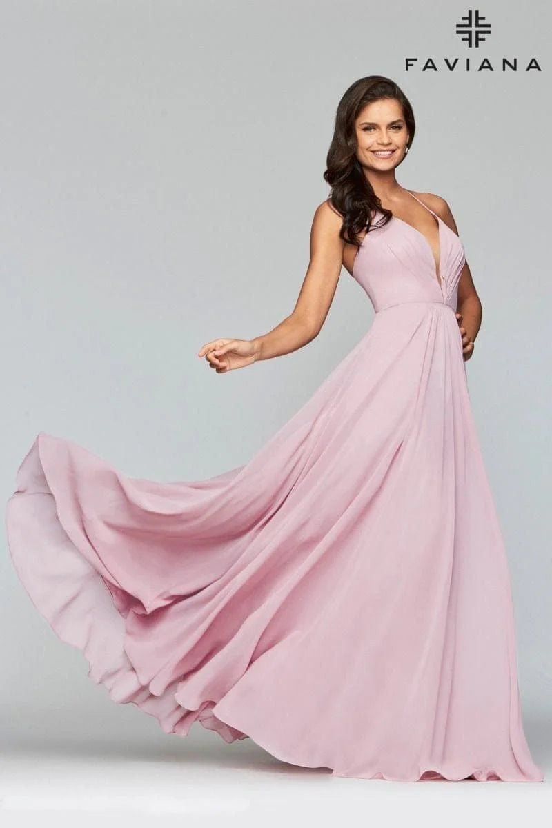 Chiffon V-Neck Evening Dress With Full Skirt And Lace-Up Back