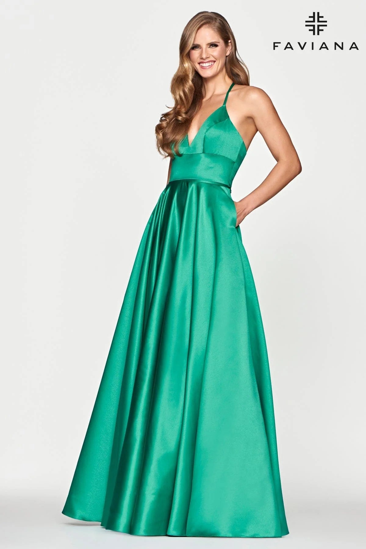 Satin Ballgown Dress With Lace Up Back And V Neck | S10252