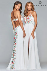 V Neck Long Chiffon Dress With Floral Embroidered Bodice