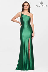 One Shoulder Formal Dress Long With Leg Slit And Stretch Satin Fabric