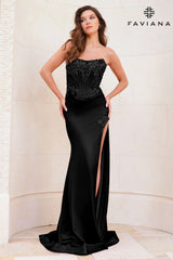 Black Strapless Satin Corset Dress With Exposed Boning And Beading | 11209