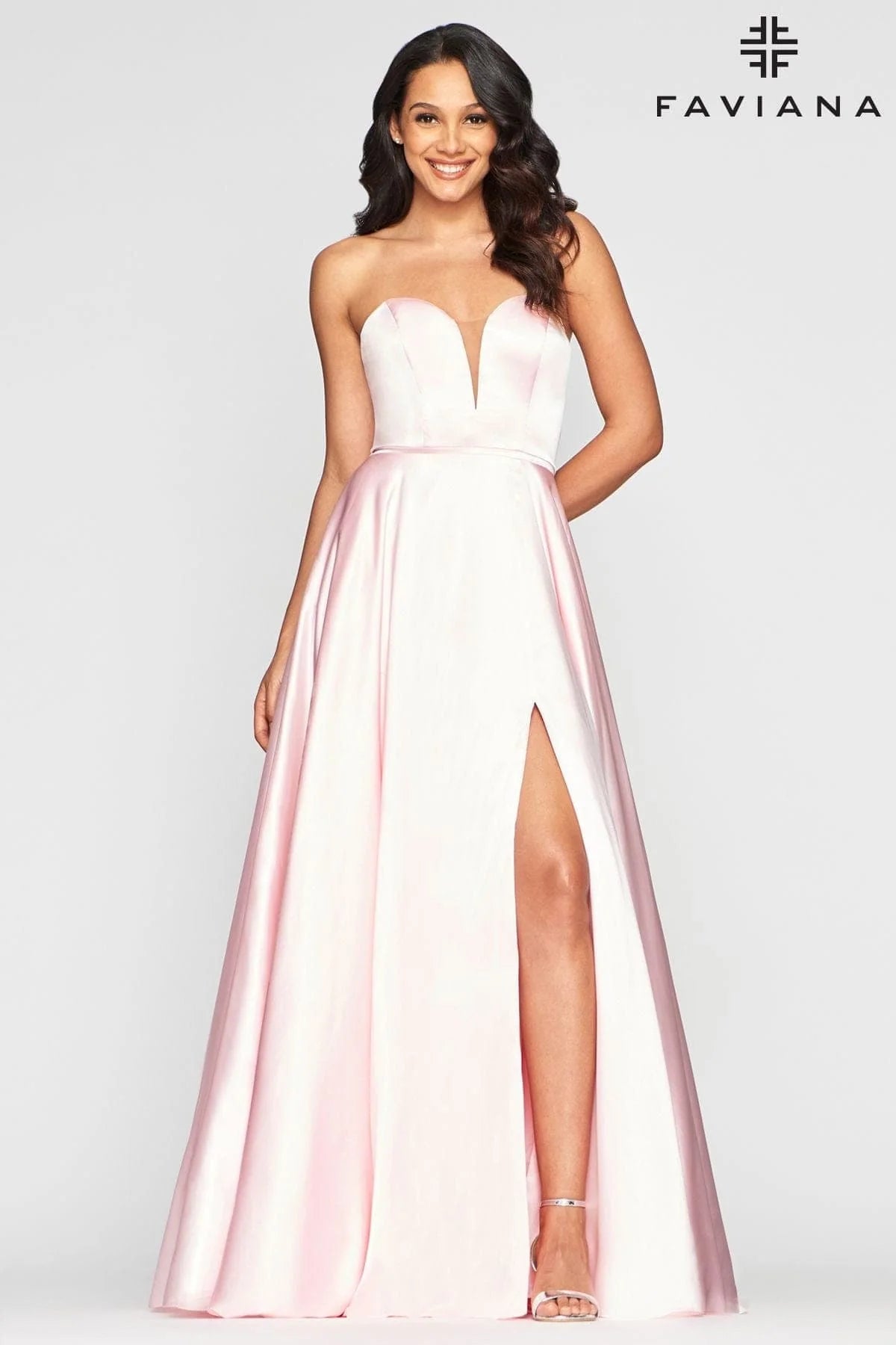 Long Strapless Satin Ball Gown Dress With Deep V Neck