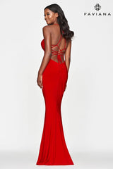 Long Jersey Formal Dress With Sweetheart Neckline And Lace Up Back