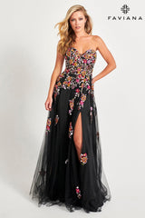 Sunburst Strapless Corset Dress With Flowy Tulle Skirt And Floral Applique | 11028