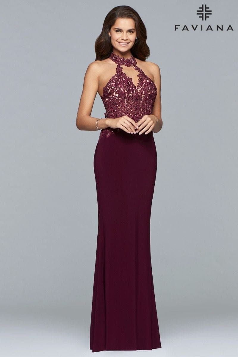 Jersey Halter Evening Dress With Lace Applique Bodice And Choker