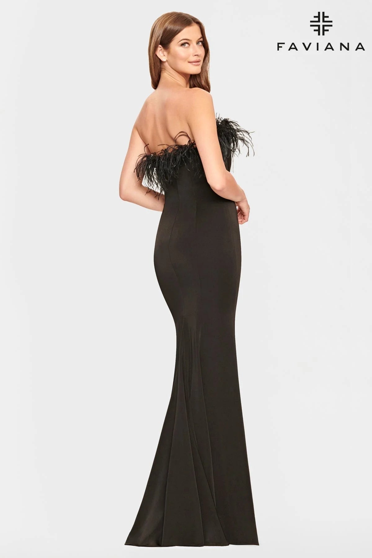 Feather Trim Black Dress With Leg Slit