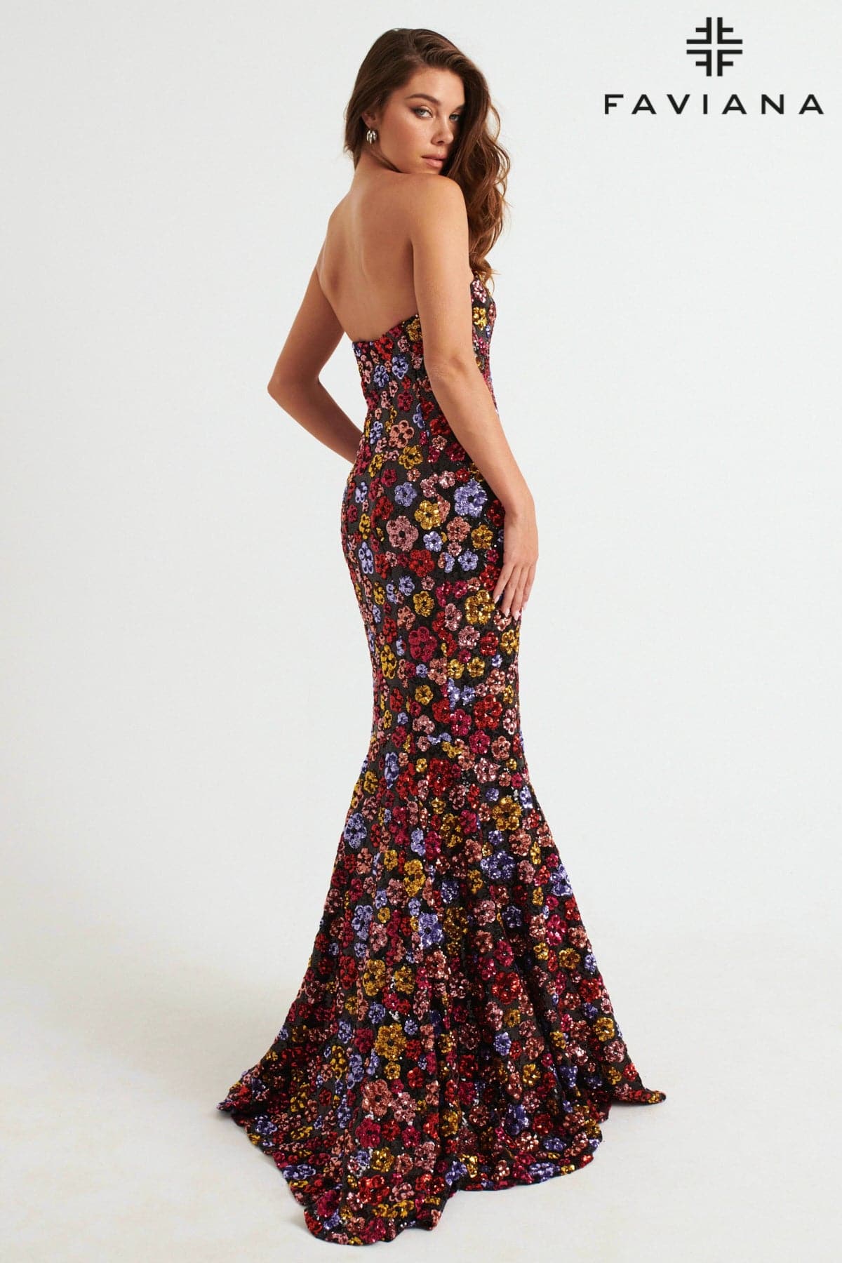 Strapless Sequin Mermaid Dress With Colorful Floral Design | 11036