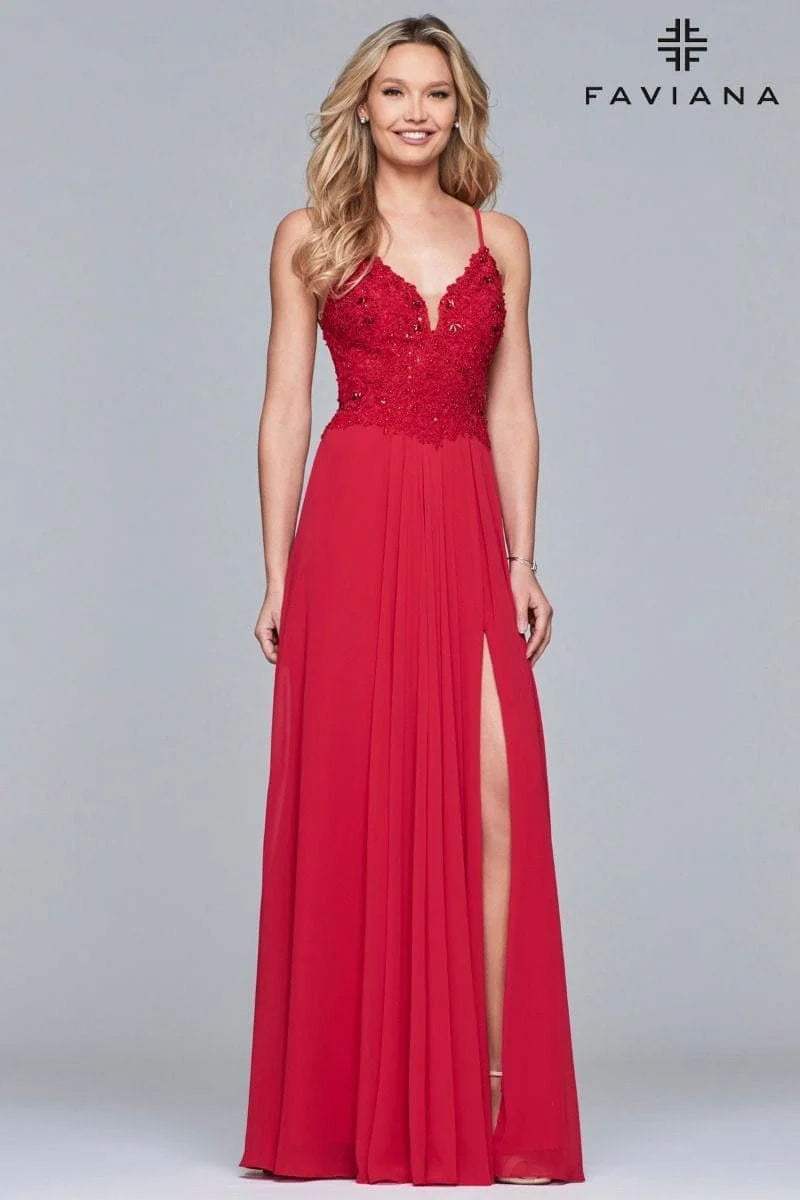 Long Chiffon Cold Shoulder Dress And Lace Applique Bodice