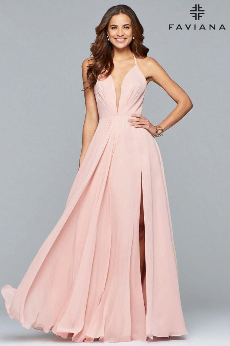 Chiffon V-Neck Evening Dress With Full Skirt And Lace-Up Back