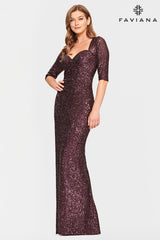 Sequin Sweetheart Long Dress With Mid Length Sleeves In Extended Sizes