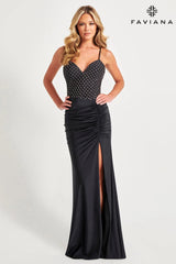 V-Neck Hotfix Rhinestone Bodice With Ruched Skirt | 11073