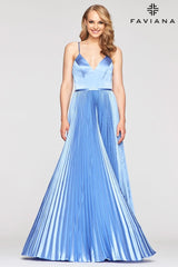 Long Charmeuse Prom Dress With Pleated Skirt And V Neckline