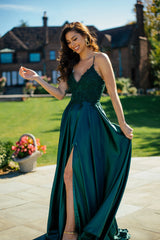 Deep Green Long Flowy Prom Dress With Lace Bustier And Corset Back