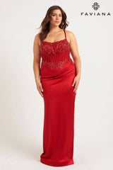 Red Plus Size Satin Corset Dress With Exposed Boning And Beading | 9592