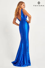 Cobalt Blue Long Beaded V Neckline Dress With Deep V And Mesh Side Panels