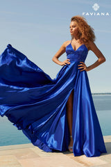 Royal Blue Long Charmeuse Dress With Beaded Corset And Flowy Skirt