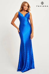 Long Beaded V Neckline Dress With Deep V And Mesh Side Panels