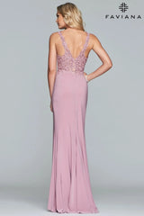 Long V Neck Dress With Applique Lace Bodice