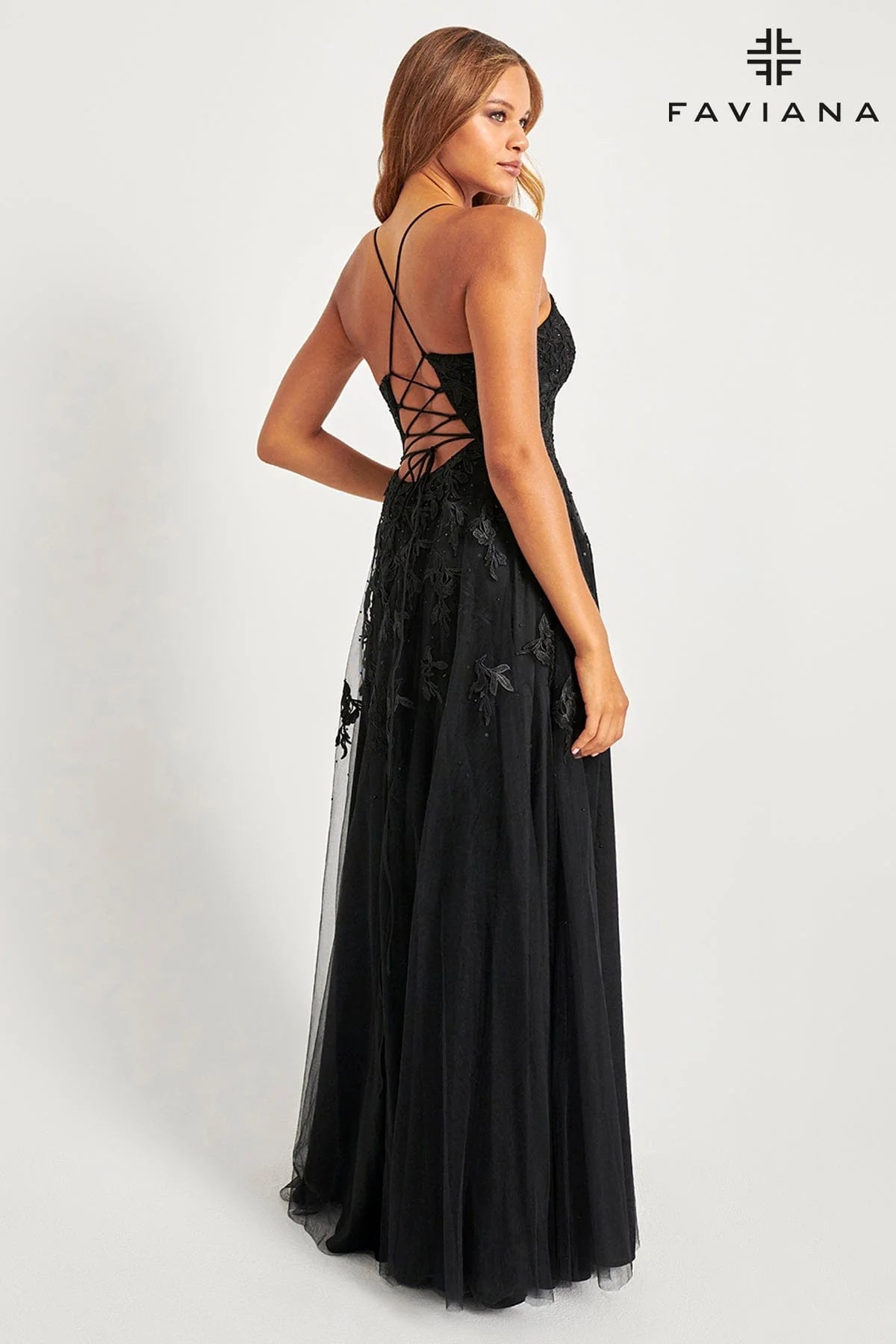 Long Lace Deep V Neck Dress With Lace Up Back | S10640