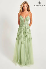 Sage Green Long Lace Deep V Neck Dress With Lace Up Back | S10640