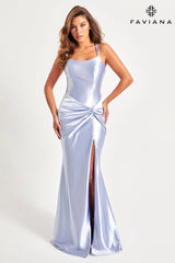 Sleek Satin Evening Dress With Scoop Neck And Knot Waist | 11024