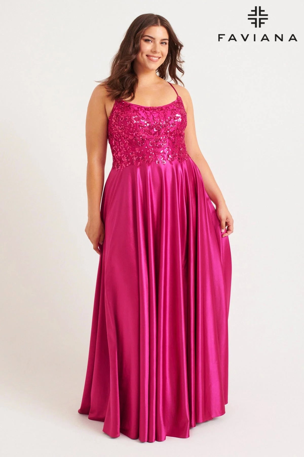 Plus Size Charmeuse Gown With Scoop Neck Beaded Bodice | 9582