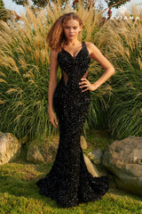 Velvet Sequin Long Prom Dress With Sheer Side Panels