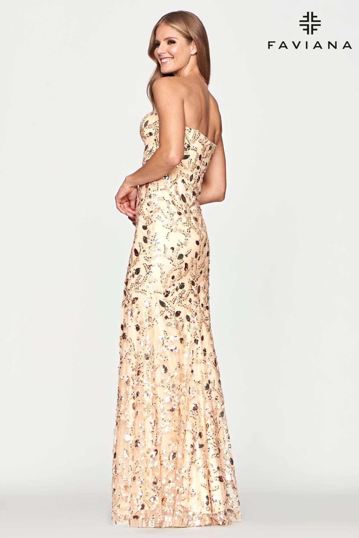 Long Strapless Sequin Dress With Leg Slit