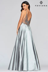 Long Charmeuse Dress With Applique And Sheer Cut Outs