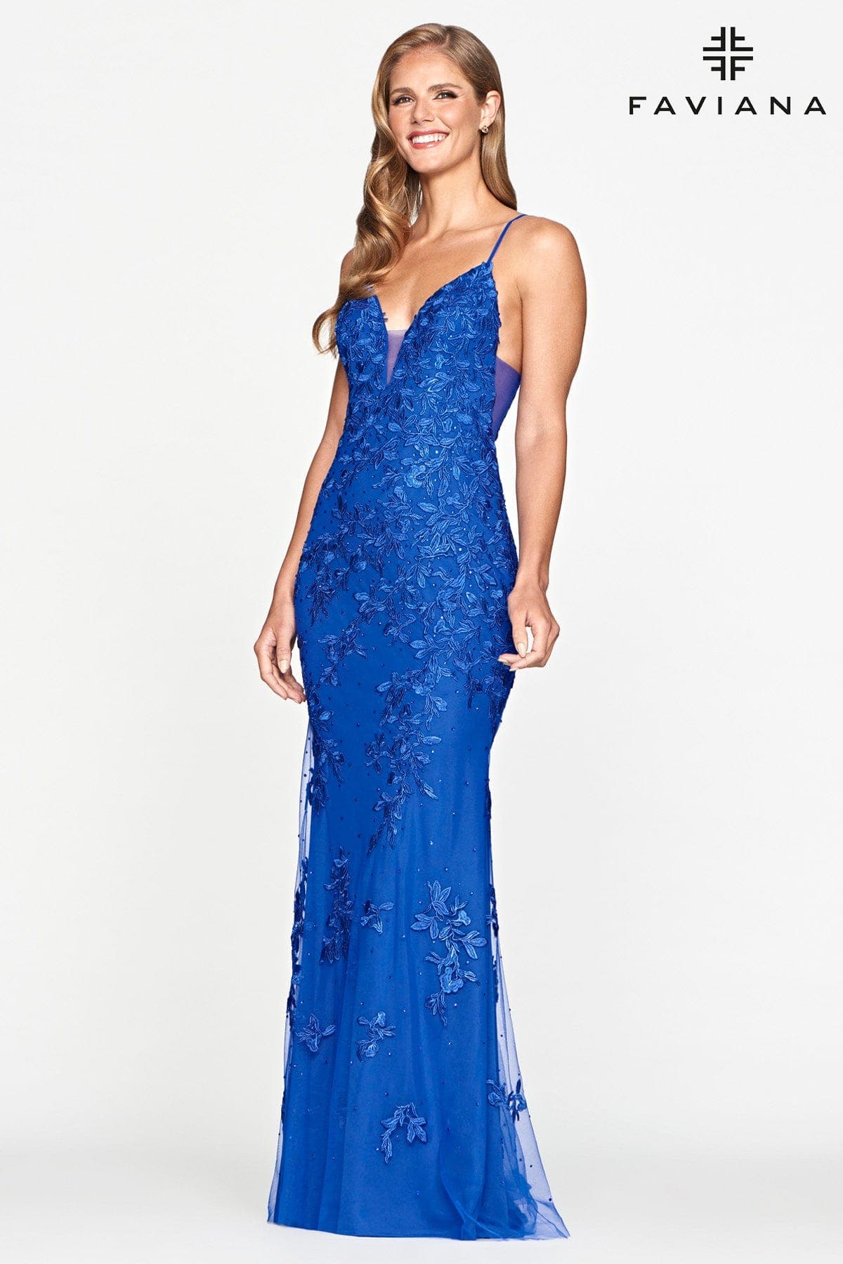 Royal Lace Prom Dress With Deep V Neckline | S10509