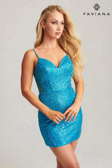 Aqua Patterned Beaded Appliqué Corset-Back Mini Dress | 11106 / 11106E