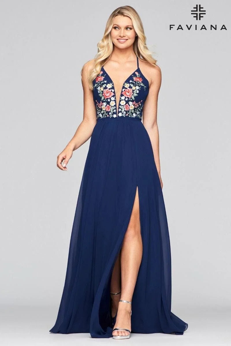 V Neck Long Chiffon Dress With Floral Embroidered Bodice