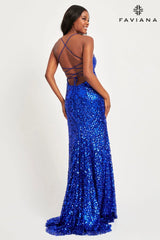 Royal Flower Sequin Fabric Scoop Neck Long Dress | 11033